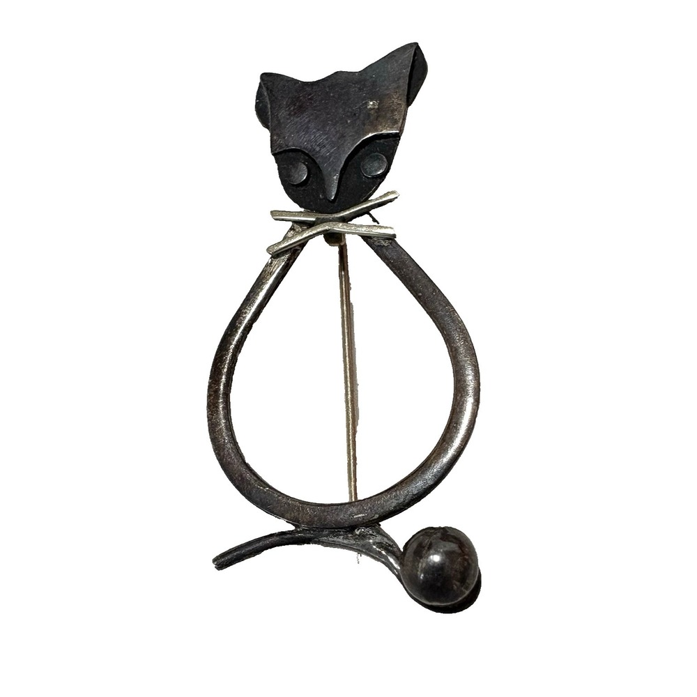 Sterling Silver Cat Brooch Pin 925 Mexico Vintage 2 inch Marked